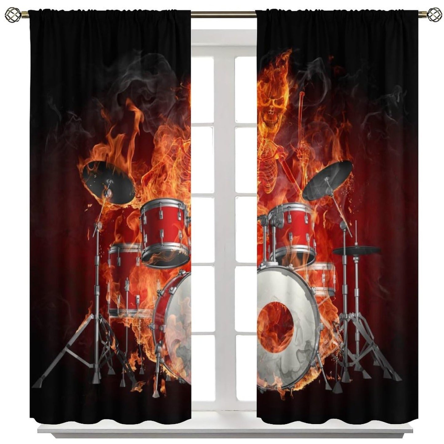 Music Curtain, Skeleton Flame Drums Hell of A Drummer Rock Music Theme Window Treatments Drapes for Boys Girls Teens Bedroom Living Room 42" W X 45" L(No Blackout)
