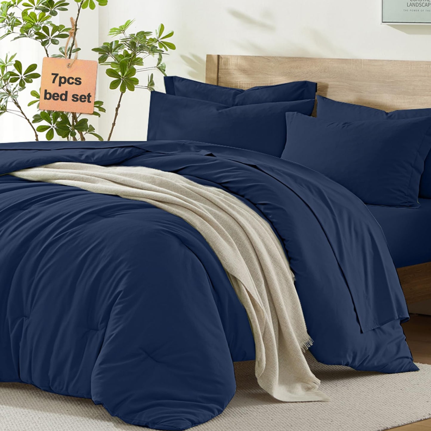 Homelike Moment Queen Comforter Set with Sheets, 7 Piece Navy Comforter Set Queen Size, Full Size Bed in a Bag Lightweight and Machine Washable