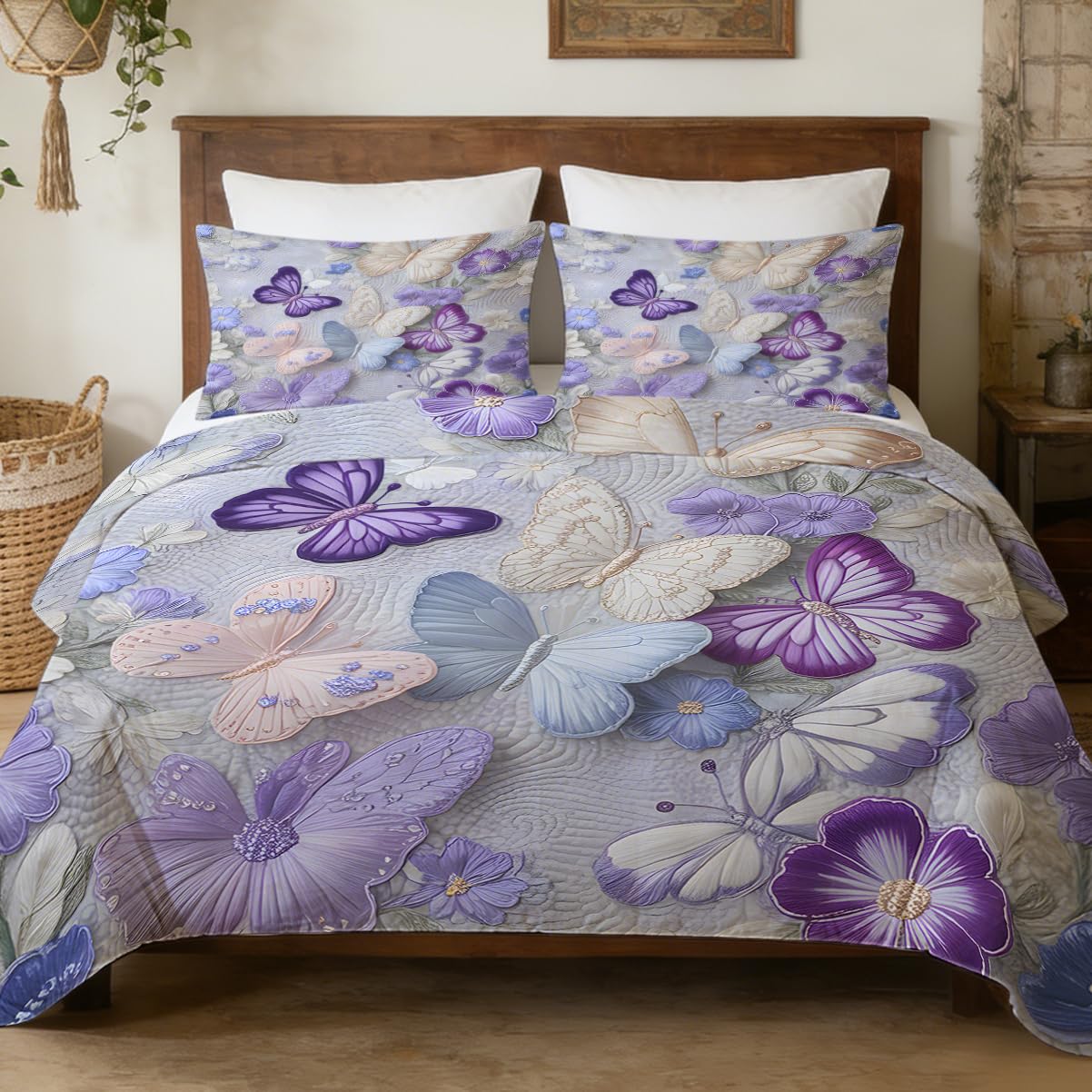MILANKET Butterfly Floral Duvet Cover Set, Purple and Blue Garden Bedding with Delicate Insect and Flower Print, Soft Microfiber Reversible Comforter Cover for Elegant Bedroom Decor, 3 Pieces, Twin