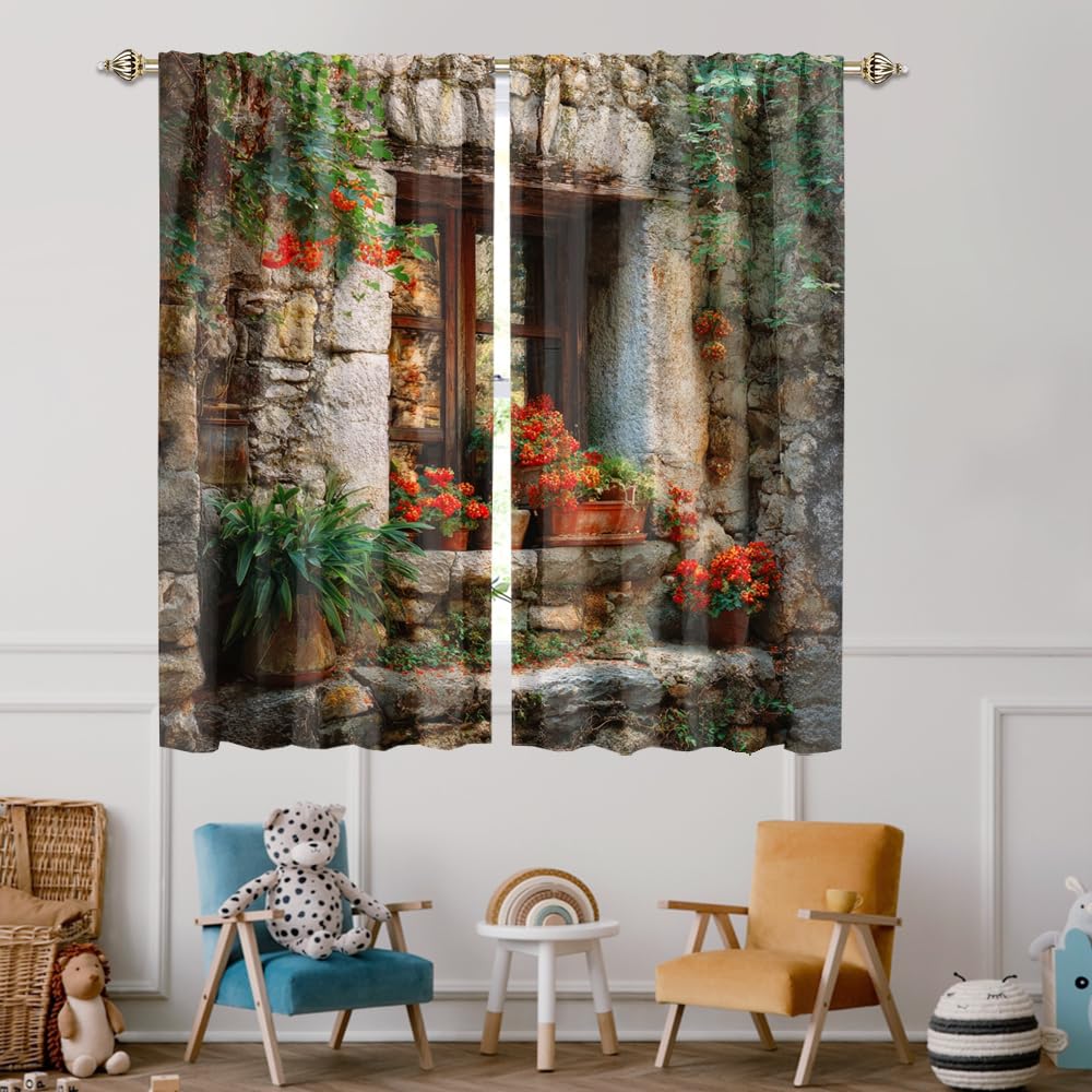 XSUPFLYM Beautiful Rustic Spring Garden Blackout Curtain for Living Room Fantasy Vintage Stone Wall Plant Flowers Pattern Thermal Insulated Curtain for Bedroom 2 Panels Each 21" W x 45" L