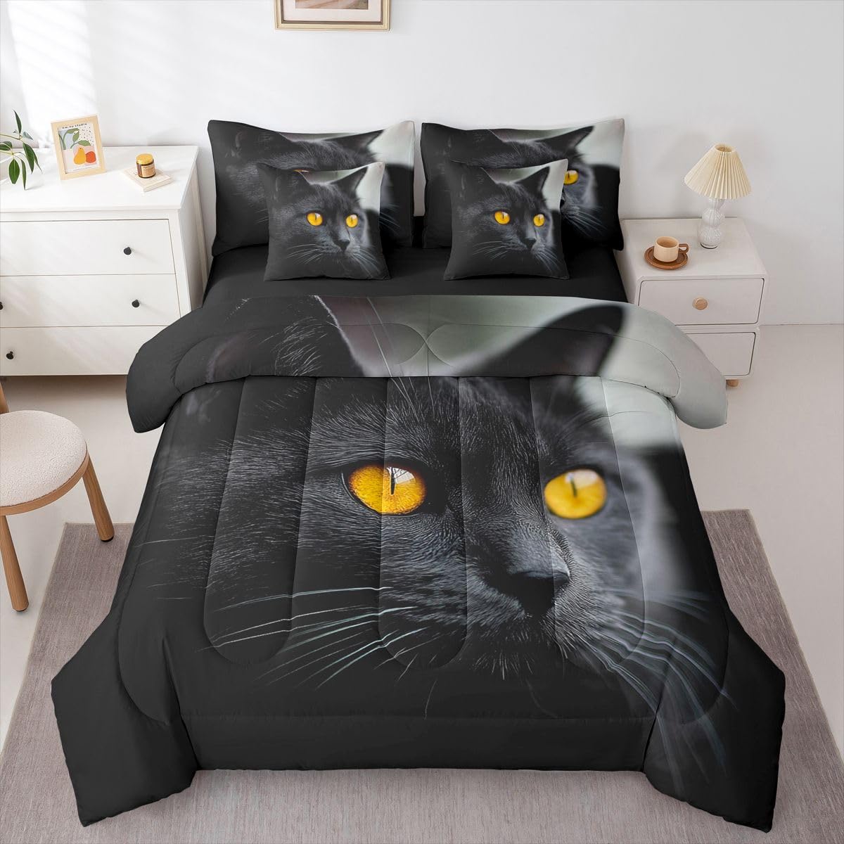 Erosebridal Black Cat King Size Comforter Set, Pet Pattern 7-Piece Bed in A Bag, Cute Kitten Sheets and Pillowcases, Black Bedding Set Room Decor