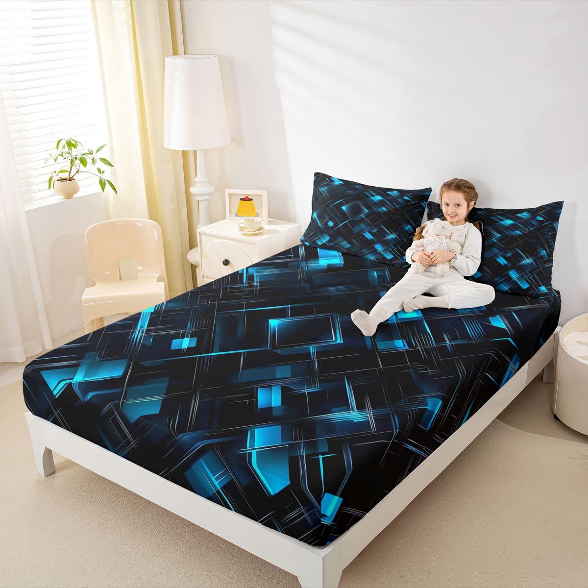 Feelyou Black Blue Bed Sheets Sets Queen Size Kids Boys Girls Geometric Checkered Bedding Set Abstract Stereoscopic Grids Bed Sheet Set with 16-Inch Deep Pockets 4Pcs with 2 Pillow Cases