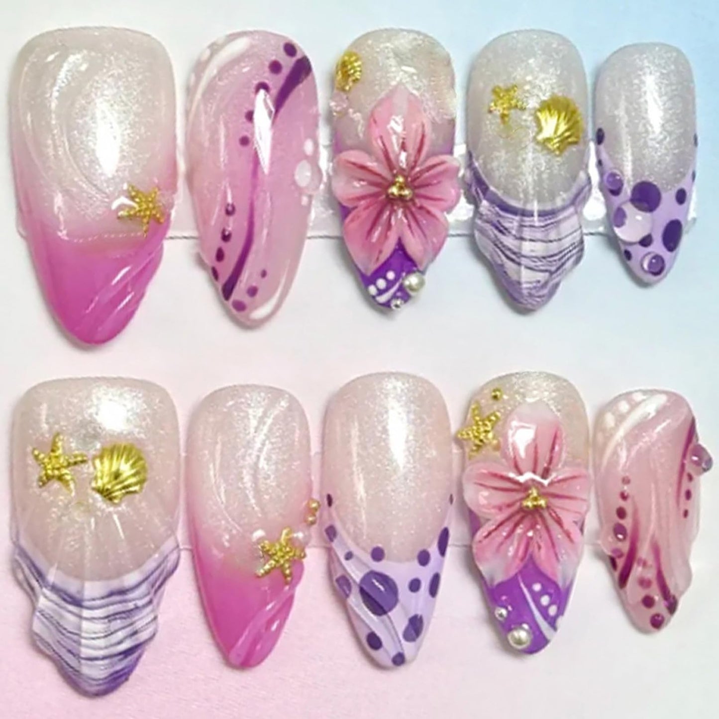 octoswave Press on Nails Almond Medium Length 3D Flower and Seashell Design Glossy Pink Purple Gradient Glue on Nails for Women Girls Summer Vacation Party 30 Pcs