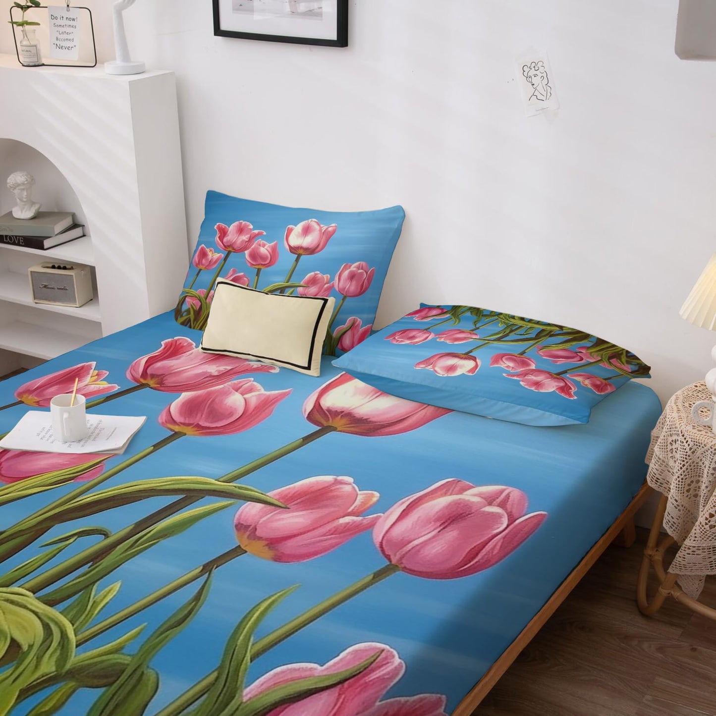 THYUNQ Tulip Flower Split King Sheets Sets for Adjustable Bed, Floral Pattern Sheet Set - 16 Inch Deep Pocket, Super Soft Microfiber Printed Bedding Sheets & Pillowcases 5 Piece