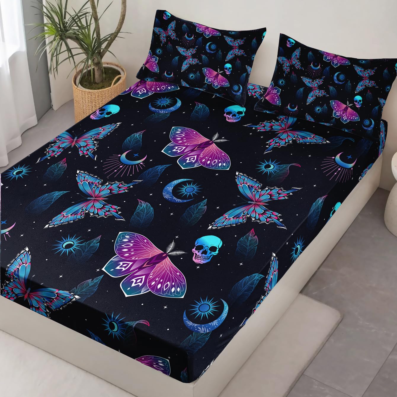 HOSIMA Halloween Fitted Sheet Skull Butterfly Bed Set,Goth Bedding Set Black Sheets Deep Pocket All-Round Elastic Bed in A Bag Full Size for Adults Boys Girls Halloween Room Decor.