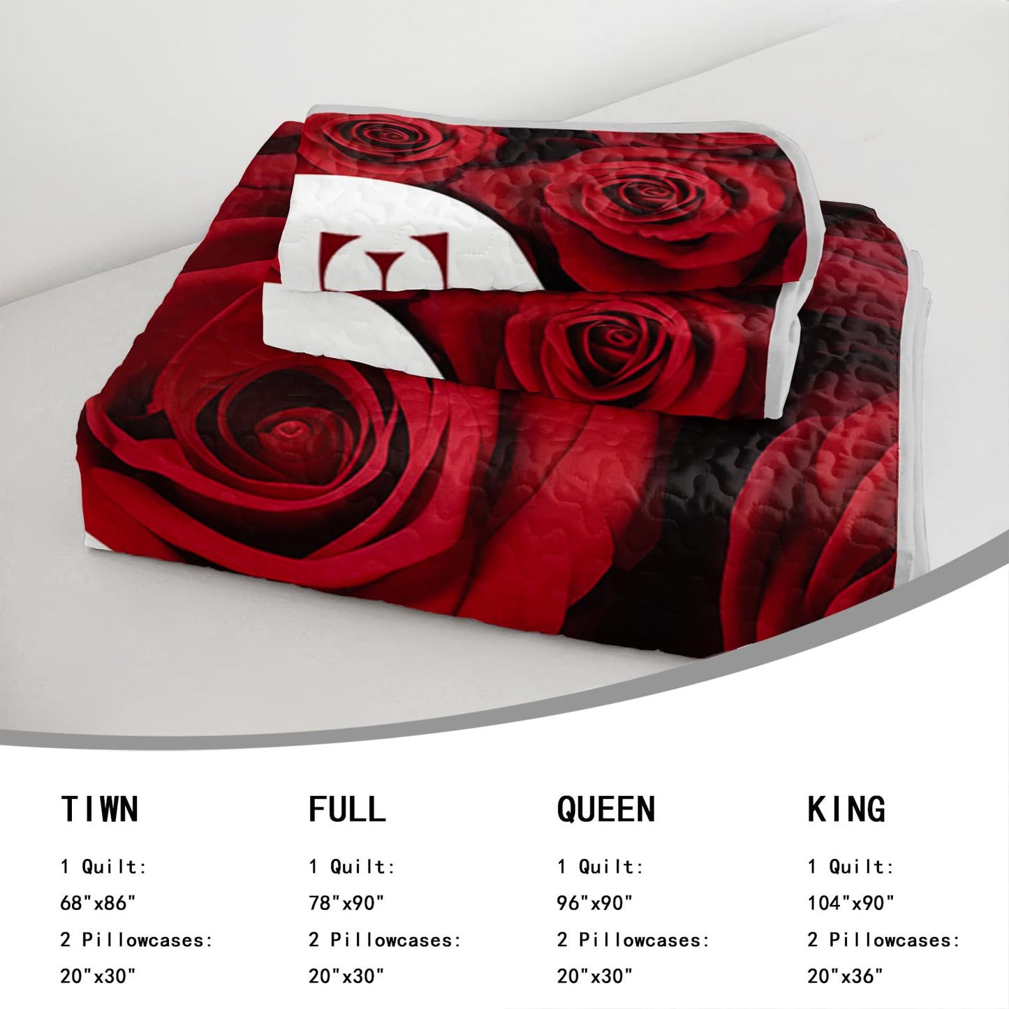 AILONEN Red Rose Bedding Quilt Set King Size - Red & White Flower Bedspread Coverlet Soft Lightweight - 3 Pieces Romantic Hearts Lover Quilt & 2 Pillowcases