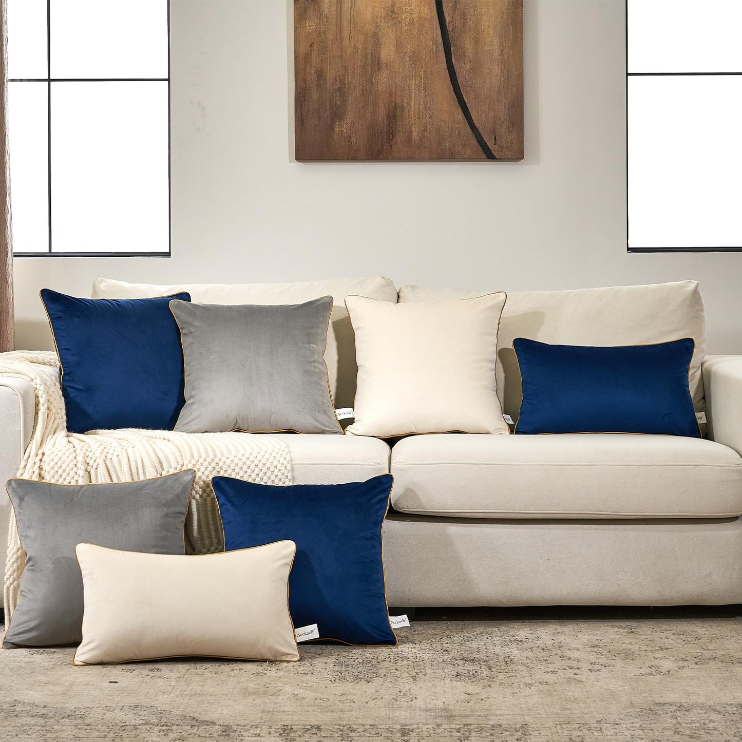 Aeckself Pack of 2 Luxury Velvet Navy Blue Lumbar Pillow Covers 12 x 20 Inch, Modern Decorative Pillowcase with Gold Trim Edge, Comfortable Soft Solid Cushion Case for Couch Bedroom Living Room