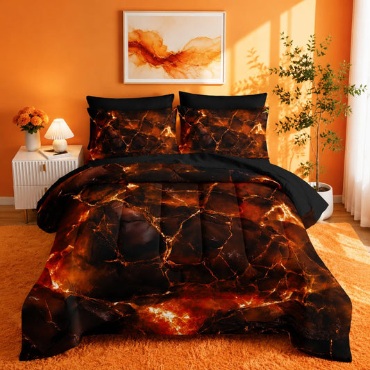 Nttopship Orange Comforter Set Full Size 7Pieces,3D Abstract Mordern Orange Printed Bedding Set for Adults,Rock Fracture Texture Mordern Room Decor All Seasons with Pillowcases,Flat, Fitted Sheet