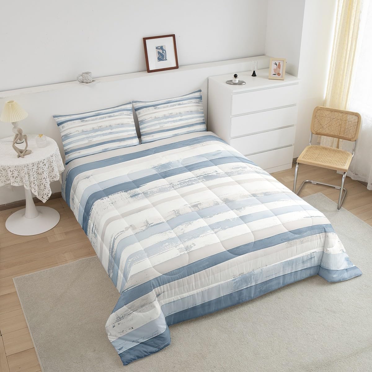 jejeloiu Abstract Blue Comforter Set Twin Size Modern White Grey Striped Bedding Set for Kids Boys Girls Decor Geometric Simple Neutral Duvet Quilt Soft Microfiber Bedroom Decor,with 1 Pillow Case