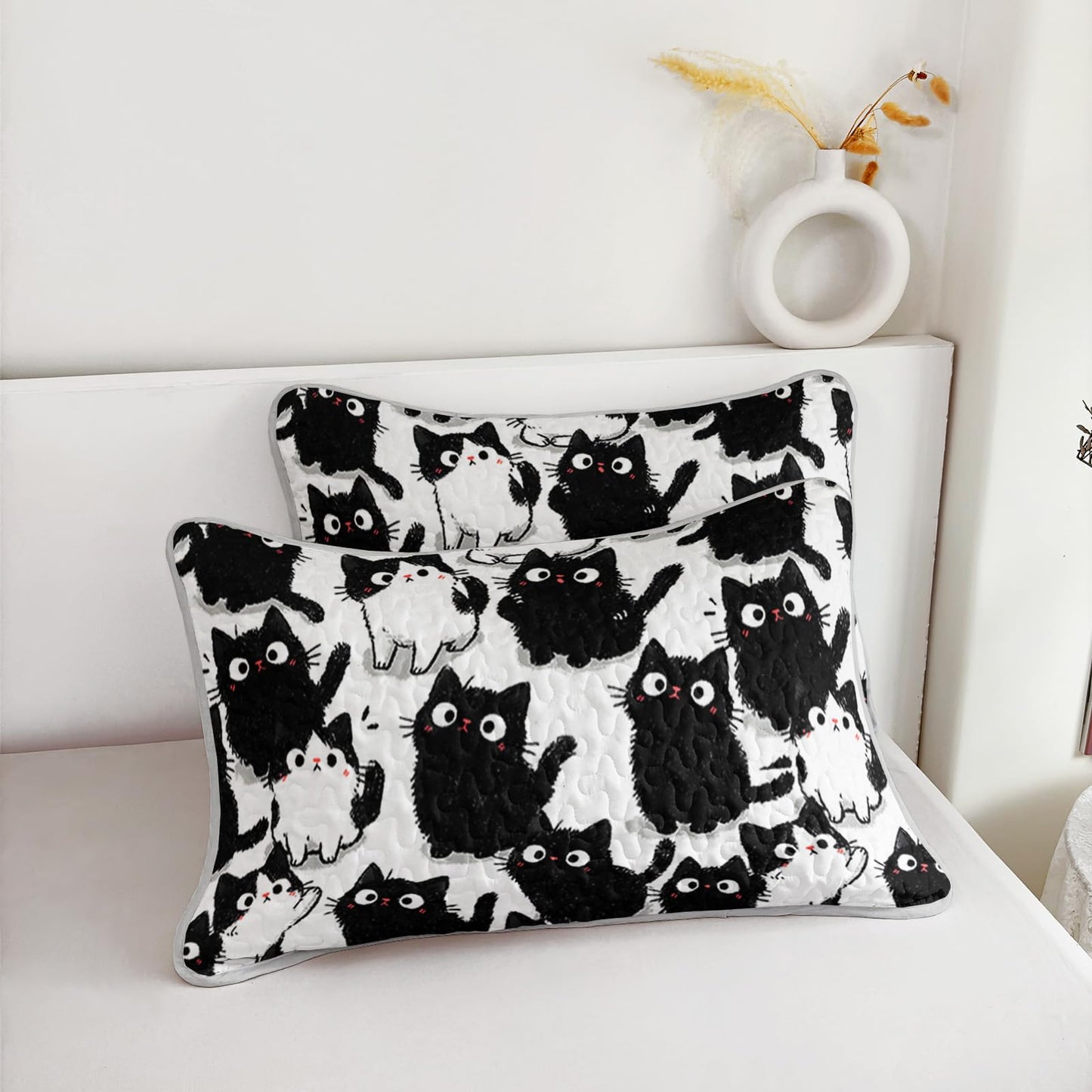 AILONEN Full Quilted Comforter Set 3 Piece, Playful Feline Animal Bedspread Coverlet with 2 Pillowcases, Soft Monochrome Pet Bedding for Teens Guest Apartment Aesthetic Sketchy Style