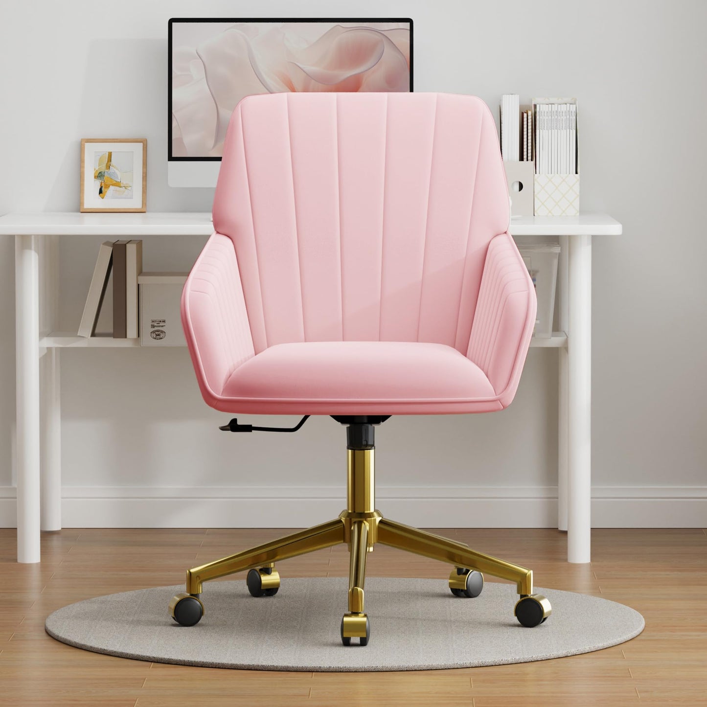 YITAI Velvet Office Desk Armchairs with Gold Base and Wheels,Modern Height Adjustable 360 Degree Swivel Upholstered Vanity Chairs for Living/Room Bedroom/Study,Pink