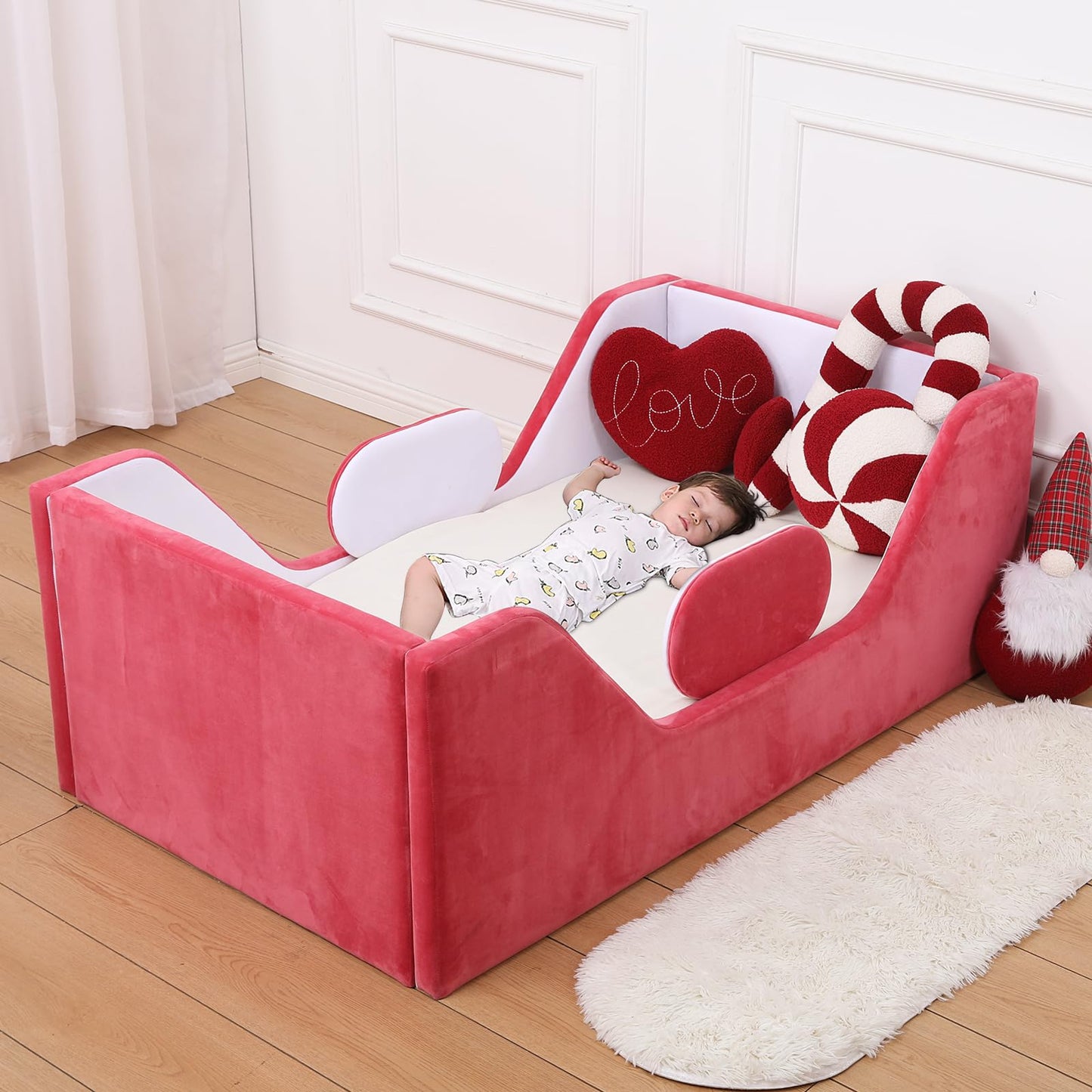 weeonekids Toddler Bed, Child Bed for Kids with Extra Safty Broad, Standard Crib Size Toddler Bed, Certified Fabric Toddler Beds,Toddler Flood Bed (Mixed White/Red)