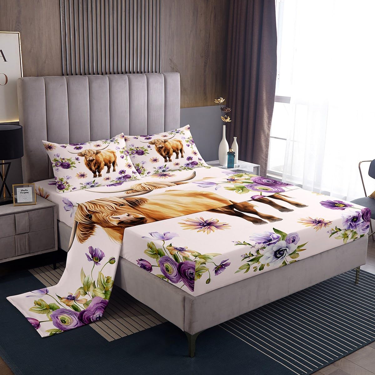 Castle Fairy Highland Cow Bed Sheet Set Twin Size,Rustic Farmhouse Style Animal Sheet Set Kids Teens,Purple Flowers Country White Bedding Decor Set with 1 Flat & 1 Fitted Sheet with 1 Pillow Sham