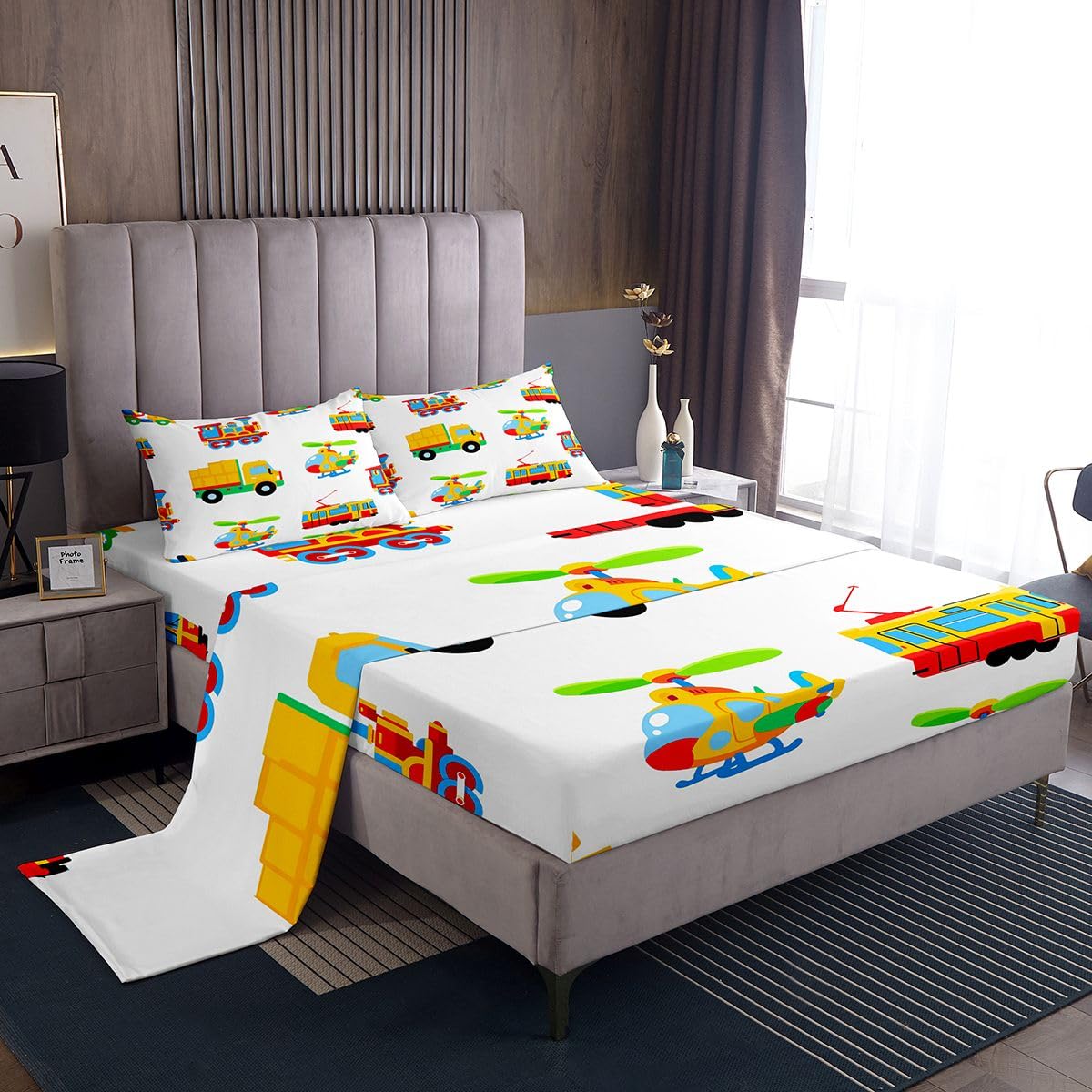 Cartoon Car Sheet Set Kids Construction Sheets with Deep Pocket Fitted Sheet for Boys Cute Train Aircraft Bed Sheets Set Breathable Airplane Print Construction Vehicles Bedding Set Room Decor Full