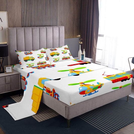 Cartoon Car Sheet Set Kids Construction Sheets with Deep Pocket Fitted Sheet for Boys Cute Train Aircraft Bed Sheets Set Breathable Airplane Print Construction Vehicles Bedding Set Room Decor Full