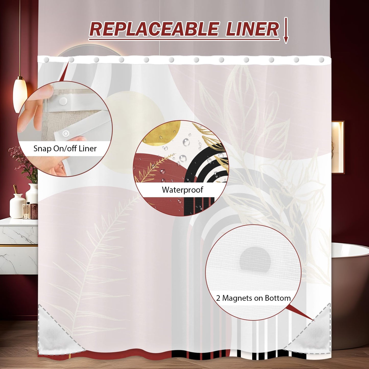 Bxpaitx Black and Red Boho See Through Mesh Top Shower Curtain with Window, Dark Red Mid Century Modern Mens Double Layer Shower Curtains with Snap in Liner, Waterproof Fabric with Hooks, 71x72 in
