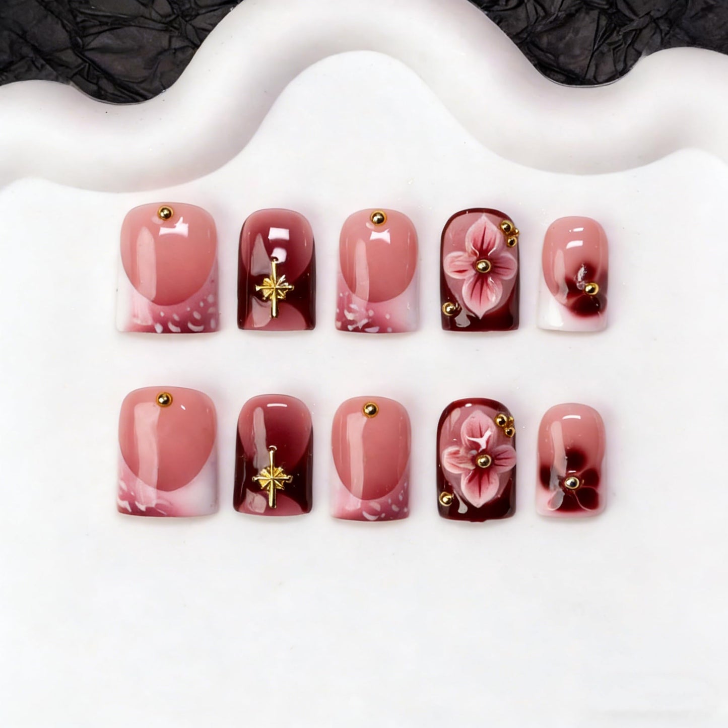Handmade Press on Nails Glossy Cherry Red False Nails with 3D Flower & Golden Steel Designs Gradient French Tip Thicked Fake Nail Full Cover Muti-Layer Gel Acrylic Stick on Nails for Women (M)