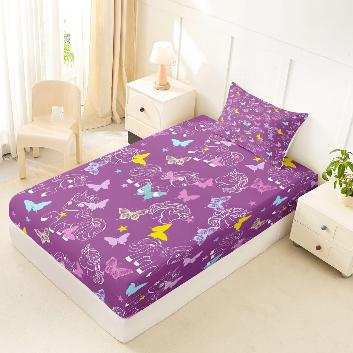 Feelyou Cute Unicorn Fitted Sheet with 1 Pillowcase Twin Size Purple Butterfly Bed Sheets Set 16" Deep Pocket Boys Girls Princess Unicorn Bedding Dreamy Horse Teens Bedroom Decor Breathable Soft