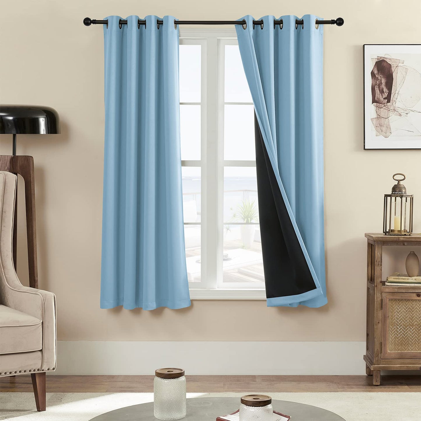Rutterllow 100% Blackout Curtain Panels, Heat and Full Light Blocking Drapes with Grommets for Bedroom,Thermal Insulated Window Treatment Drapes for Living Room(Haze Blue,2Panels,52x63inch)