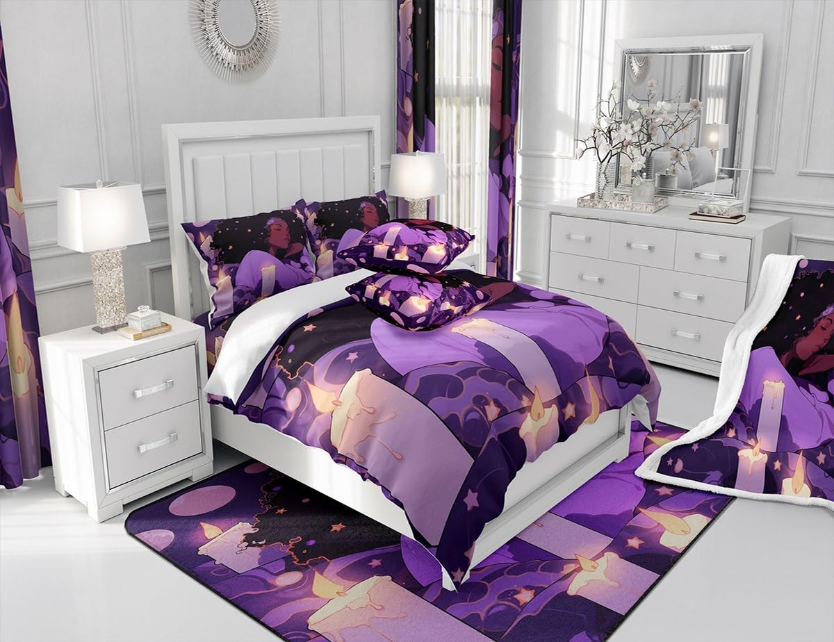 Castle Fairy Cute Black Girls Comforter Set Full Size,African Style Americans Quilt Set Girls Boys Women Teens Room Decor,Dreamy Stars Moon Night Bedding Set Cartoon Purple Duvet Insert,2 Pillowcases