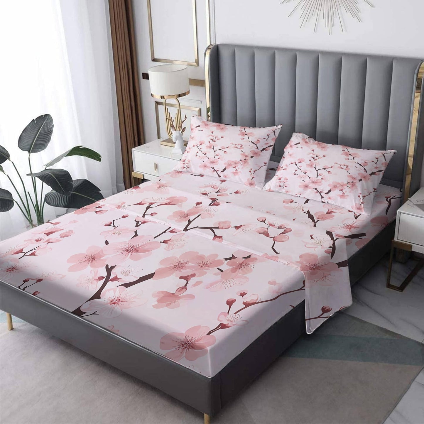 NOGAWA Cherry Blossom Sheets Queen, Pink Flower Floral Bed Sheets, Deep Pocket & Soft Microfiber Bedding Sheets & Pillowcases 4 Piece - Fitted Sheet & Flat Sheet & 2 Pillow Cases