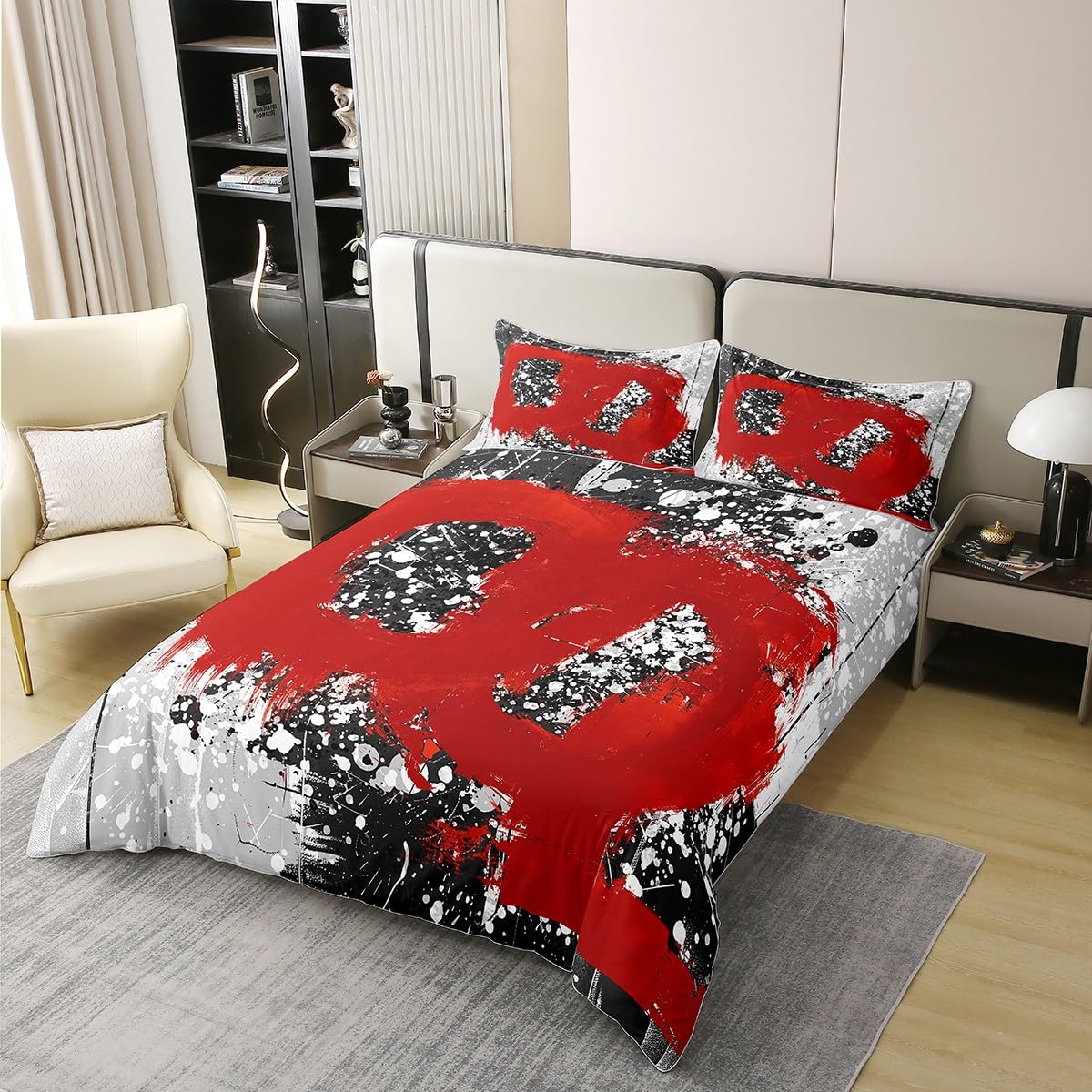 jejeloiu Poppy Red Duvet Cover 100% Cotton King Size Kids Abstract Geometric Comforter Cover for Boys Girls Teens Modern Art Bedding Set Breathable Soft Room Decor