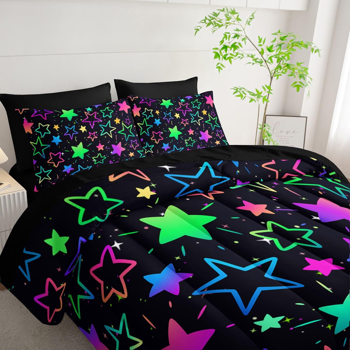 Smell Sunshine 7Pcs Comforter Set Colorful Stars Printed Bedding Set with 1 Comforter, 1 Flat Sheet, 1 Fitted Sheet and 4 Pillowcases for Boys and Girls Bedroom (Stars Twin