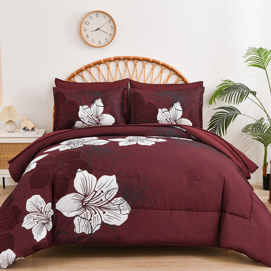 Luxudecor 7 Pieces Queen Size Comforter Set, Burgundy Floral Bed in a Bag Comforter and Sheet Set, Soft Microfiber Lightweight Bedding Set for All Season 90"×90"