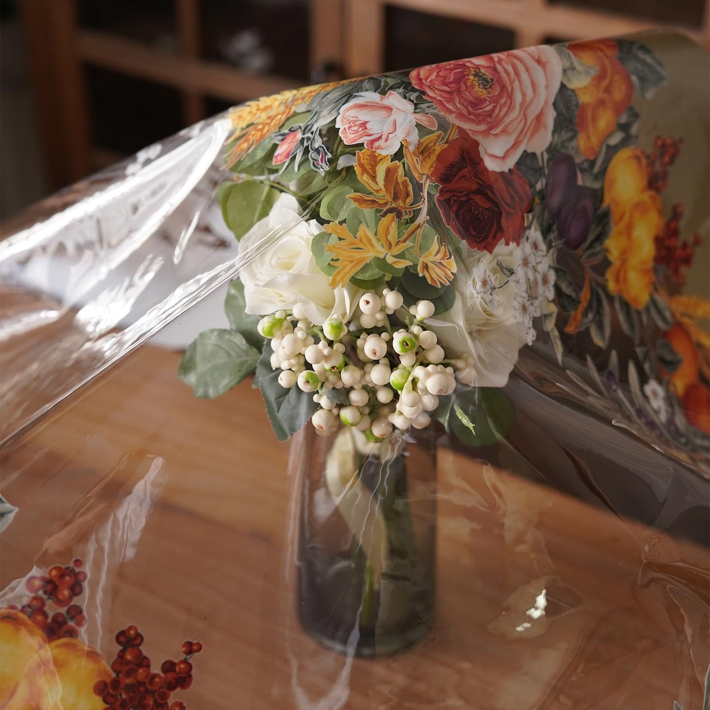Artbloss Clear Table Cover Protector Vinyl PVC Rectangle Table Cloth with Floral Fruit Pattern Oil Spill Proof Plastic Tablecloths for Dining Tables Parties Holidays (Floral Fruit, 52 x 70 Inches)