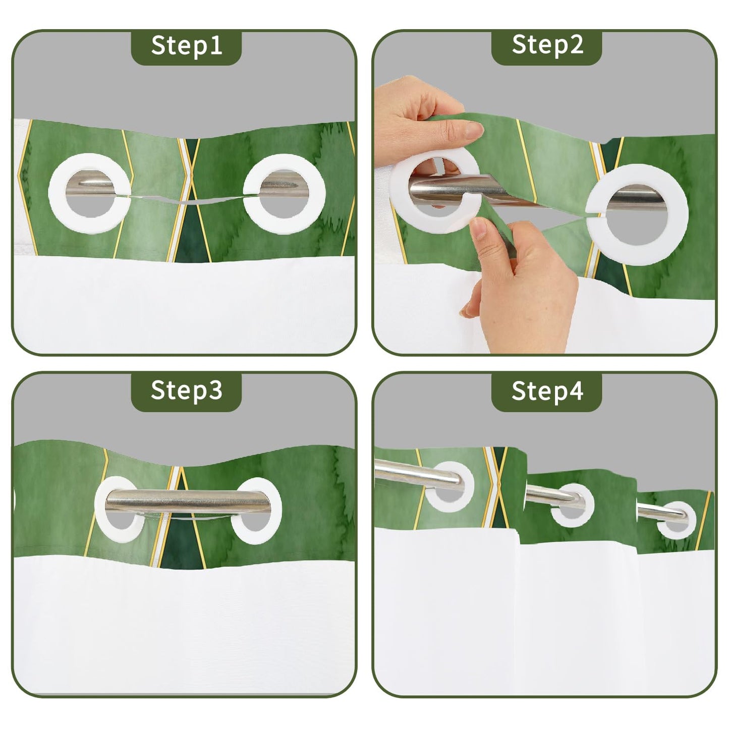 NAEMBCU Green Geometric No Hook Shower Curtain with Snap in Liner Set 71x74