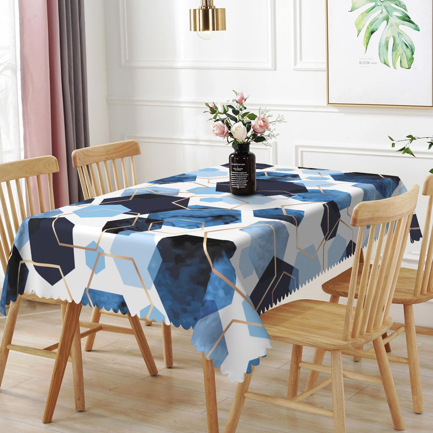 SIEDYCV Modern Blue Gold White Geometric Tablecloth, 60x102 Inch Elegant Hexagons Abstract Art Marble Texture Fabric Table Cloth,Waterproof Table Cover for Kitchen Dining Room Banquet Party Decor