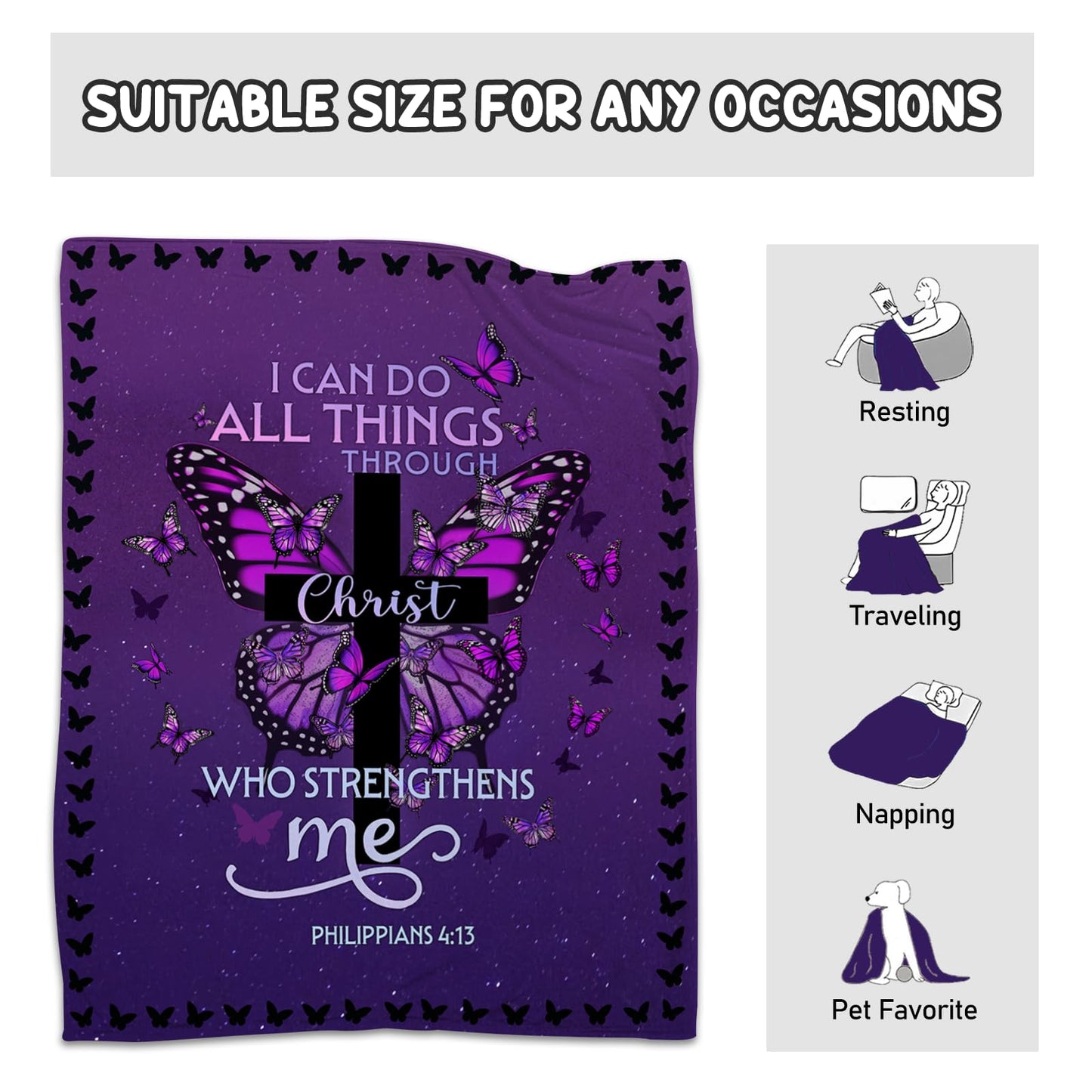 CIUGOIG Christian Gifts for Women - I Can Do All Things Christ Blanket 50"x60" - Inspirational Religious Birthday Catholic Spiritual Gifts Faith Based Gift - Purple Christian Throw, Butterfly