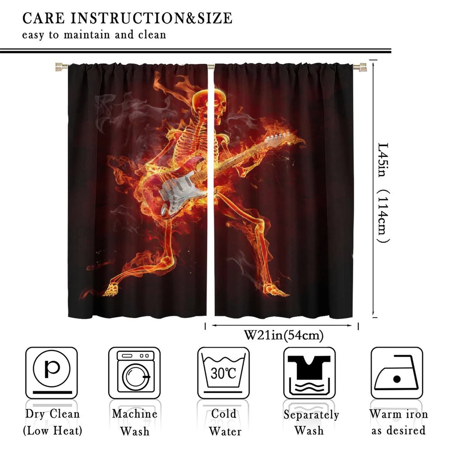 Guitars Music Curtain,Punk Rocker Cool Guitars Music Fiery Series Window Rod Pocket Curtains for Bedroom Living Room Home Decor W42xL45in