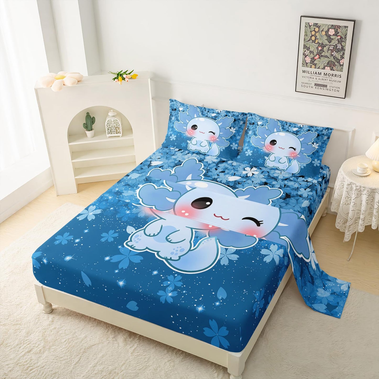 QOOMO Kawaii Axolotl Kids Sheet Set Queen Size,Cherry Print Bedding Set Lightweight All Seasons,Blue Sets for Room Decoration,1 Fitted Sheet,1 Flat Sheet,2 Pillow Cases