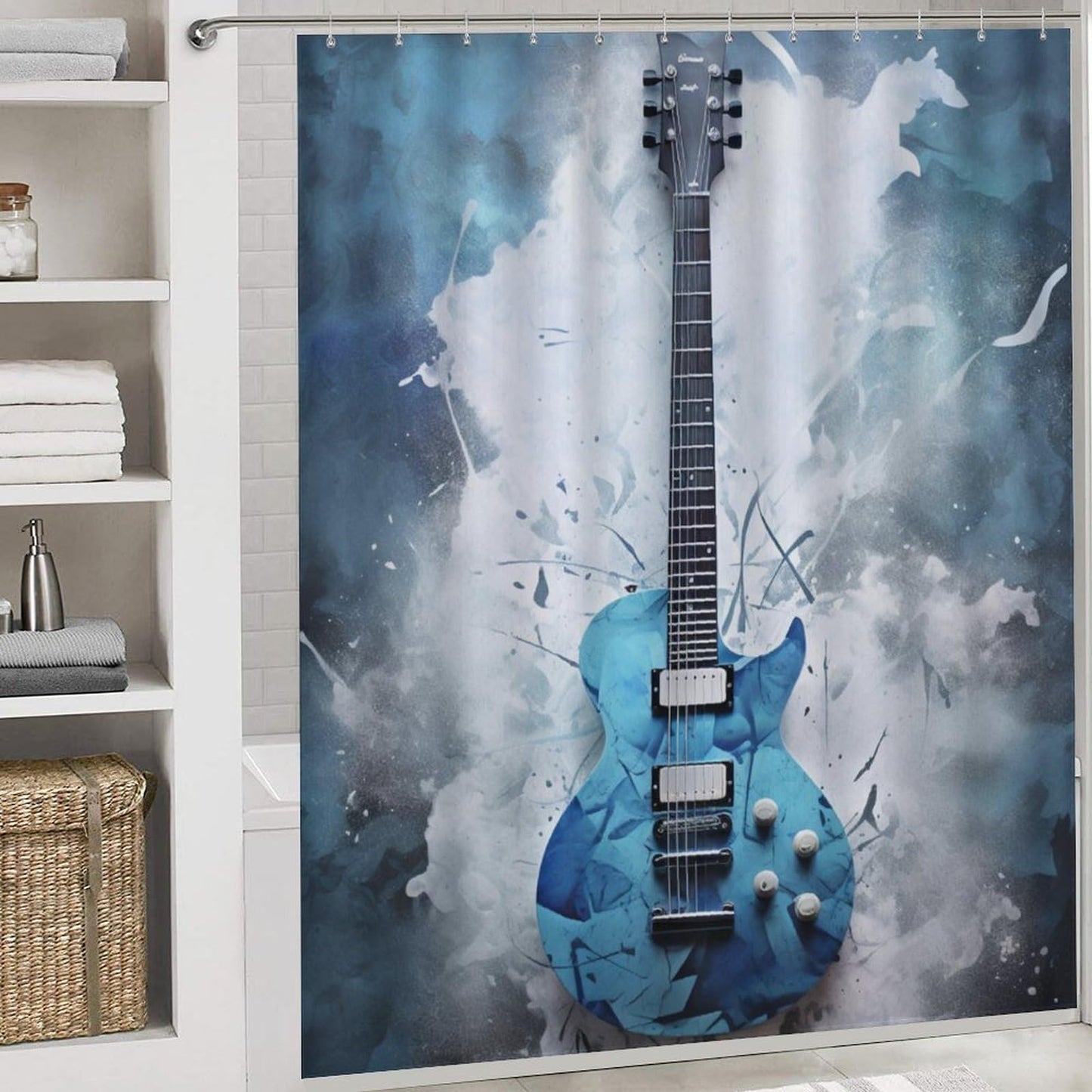FOCCAFB 4Pcs Abstract Guitar Bathroom Sets with Shower Curtain Rugs Mats Blue Natural Musical Instrument Bathroom Decorations Sets with Non Slip Rugs Toilet Lid Cover Bath Mat, Style-2