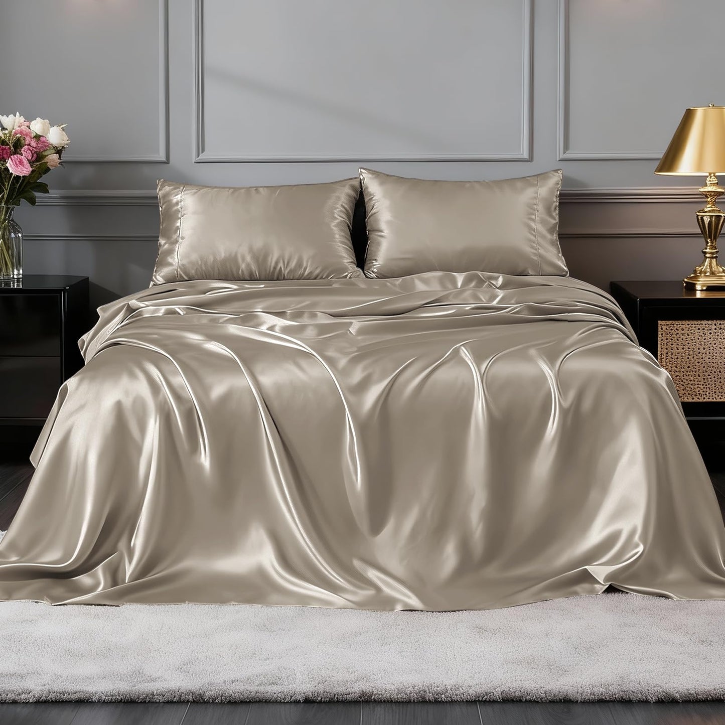 FreshCulture Satin Sheets Full Size - 4 Piece Luxury Soft Silky Full Size Bed Sheets, Similar to Silk Bed Sheet Set with 1 Deep Pocket Fitted Sheet, 1 Flat Sheet & 2 Pillowcases (Champagne)
