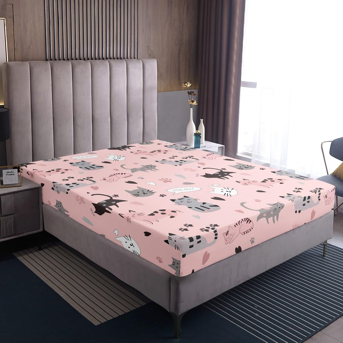 Erosebridal Kawaii Toddler Bed Sheet,Cartoon Cat Sheet Set for Kids Boys Girls Teenager,Kawaii Kitten Paw Print Heart Bed Sets,Queen with 2 Pillowcases