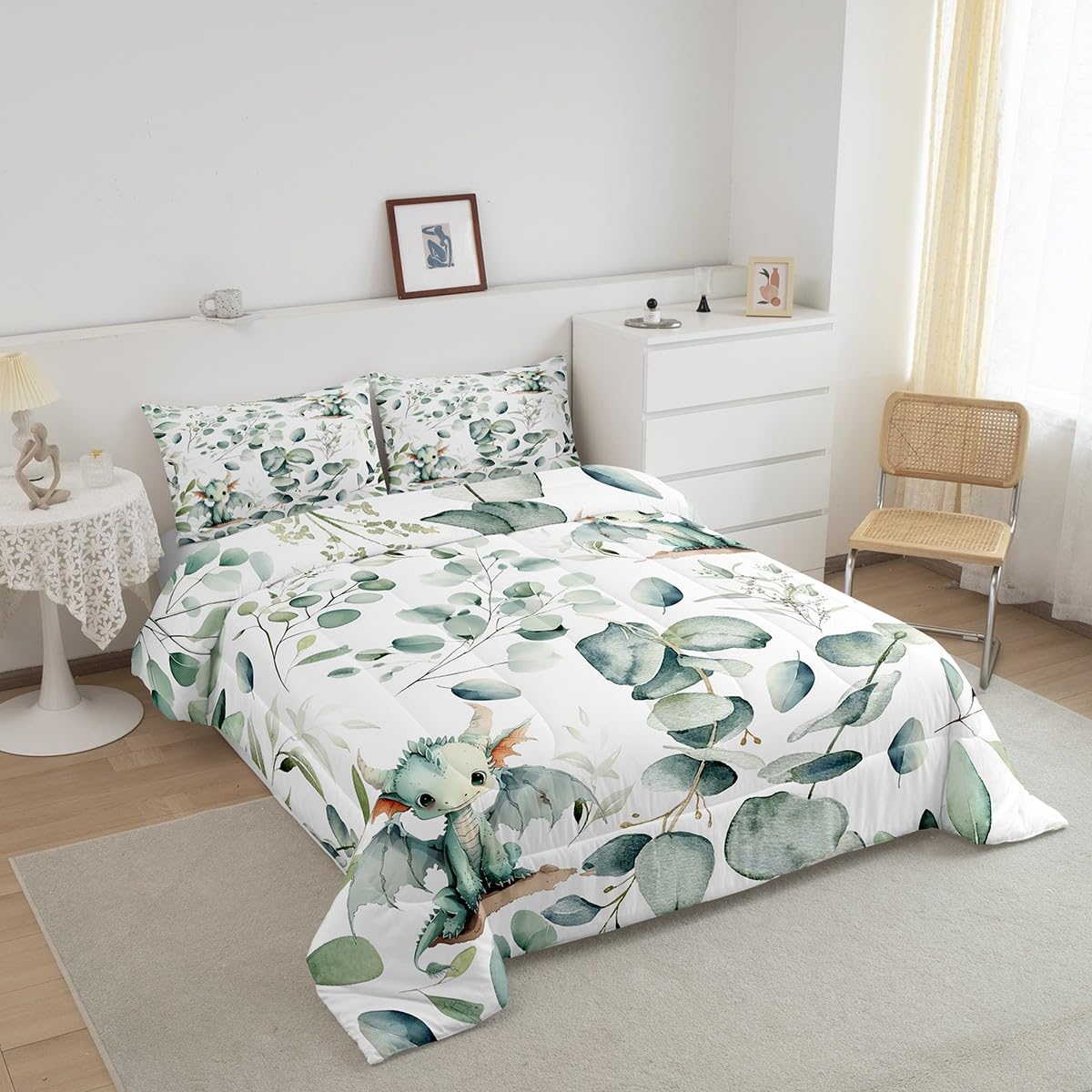 Erosebridal Boys Magic Animal Twin Bedding Sets Cute Dragon Comforter Set, Cartoon Wildlife Bedding Comforter Sets Green Leaf Duvet Insert, Spring Garden Plant Down Comforter Child Kids Bedroom Decor