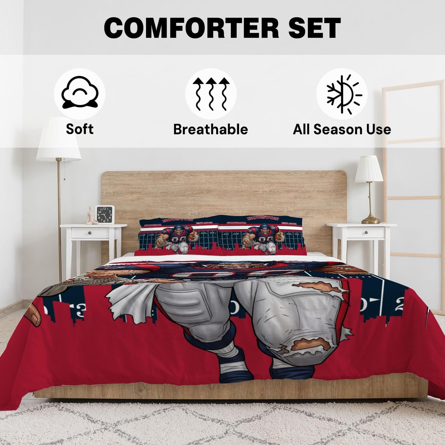 Allenjoy Houston American Football Dark Blue Spirit Comforter Set with 1 Pillowcase for Men Boys Fans Son Husband Bedroom Nursery Bedding Room Decor, Machine Washable, Twin Size