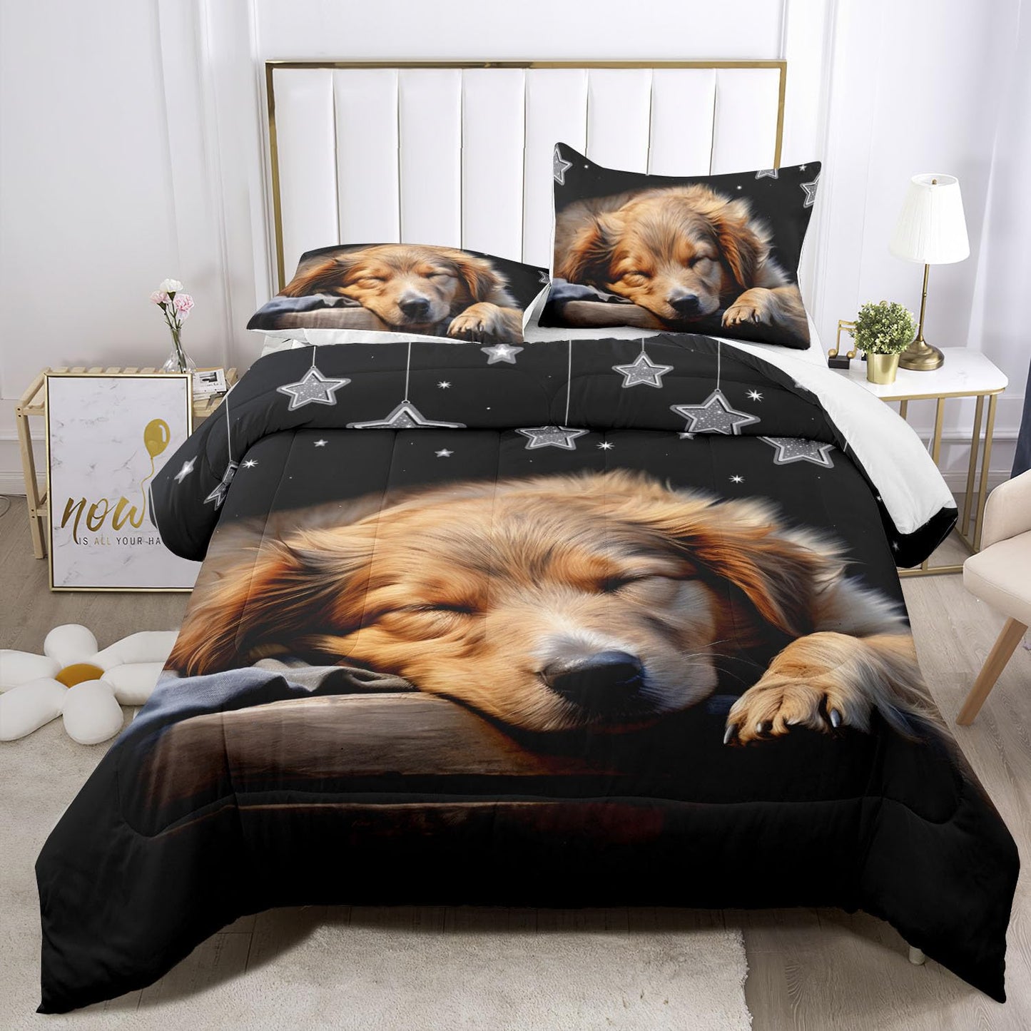 Raphus Cucullatus Dog Print Comforter Set Twin, Puppy Dog Pals Bedding Set, Animal Print Black Comforter, Kawaii Bedding Sets for Girls, Cute Comforter Sets for Twin Size Bed