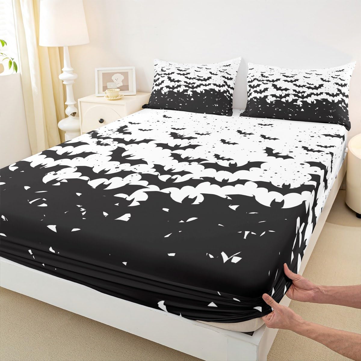 Black Bats Kids Sheet Full Size,Happy Halloween Before Christmas Bedding Set,Boys Girls Adults Room Decor,Halloween Holiday Black White Simple Bed Sheet Set 4pcs(Fitted + Flat + 2 Pillowcases)
