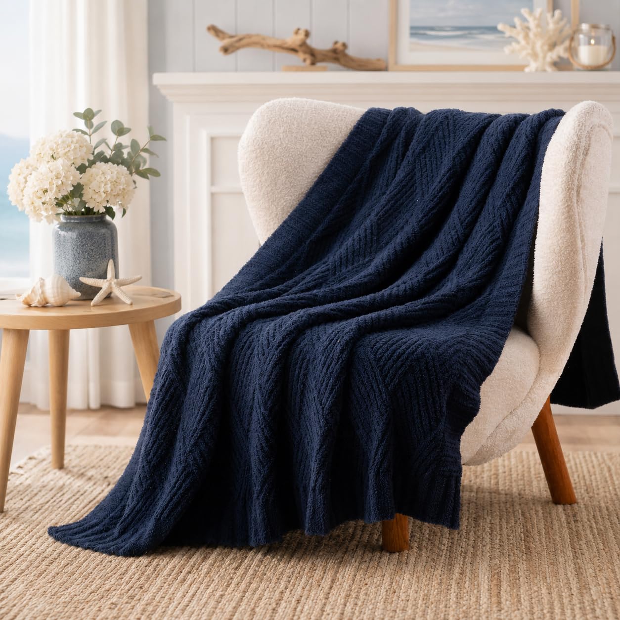 Battilo Navy Blue Chenille Throw Blanket for Couch, Soft Diamond Textured Knit Blanket, Cozy Lightweight Decorative Blankets for Sofa, 50"x60"
