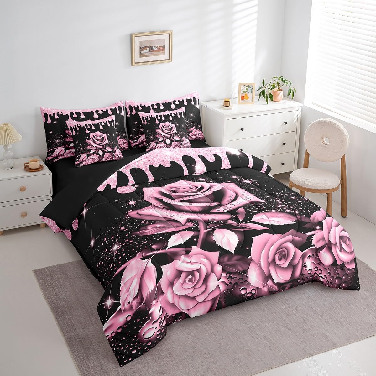 Feelyou Pink Rose 7 Piece Bedding Set Full Size for Kids Boys Girls Teens Toddler Rose Floral Flower Comforter Set with Sheets Romantic Bed in a Bag Glitter Star Bed Set