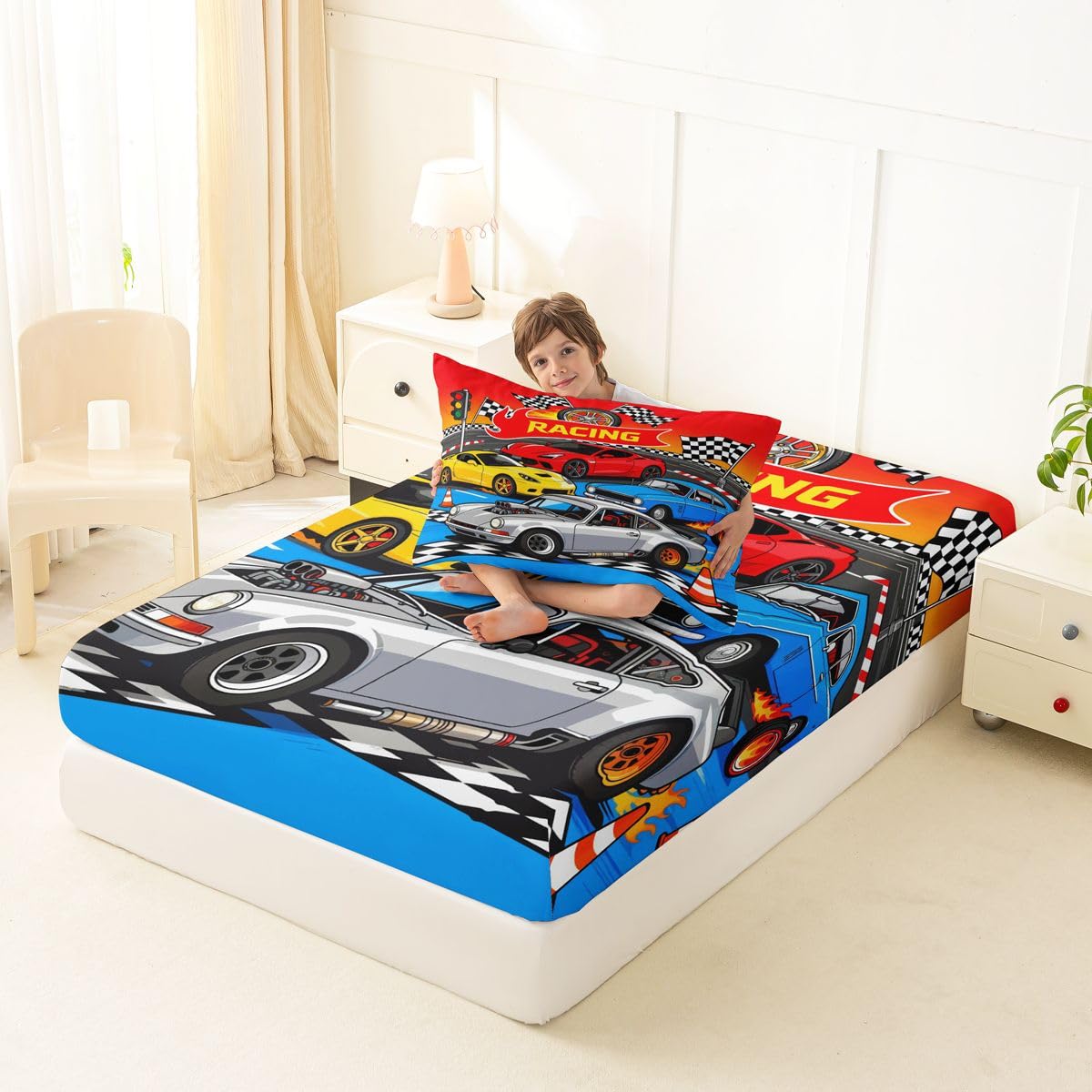 Feelyou Boys Race Car Fitted Sheet with 1 Pillowcase Twin Size Speed Sports Car Bed Sheets Set 16" Deep Pocket Boys Girls Racing Extreme Sports Bedding Teens Bedroom Decor Breathable Soft Lightweight