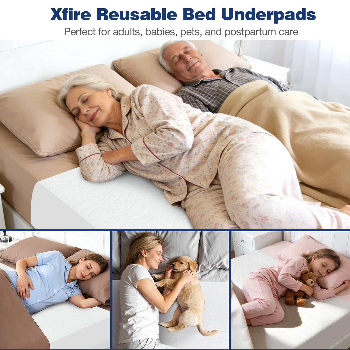 Xfire Bed Pads Washable Waterproof, Heavy Absorbency Reusable Bed Underpads with Tuckable Wings, Incontinence Bed Pads for Adults and Kids, Mattress Protector, Fits Twin/Twin XL Size Bed