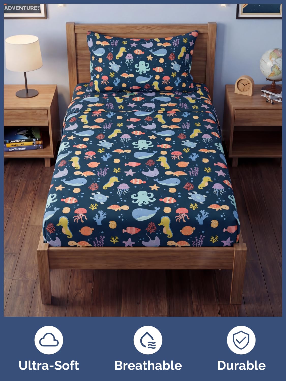 CGK Unlimited Kids Sea Creatures Twin 3 Piece Sheet Set - Boys, Girls, Teens, Toddler - Easy Fit Deep Pockets - Soft, Cooling & Breathable Sheets - Cute, Cozy, Fade & Wrinkle Free - Machine Washable