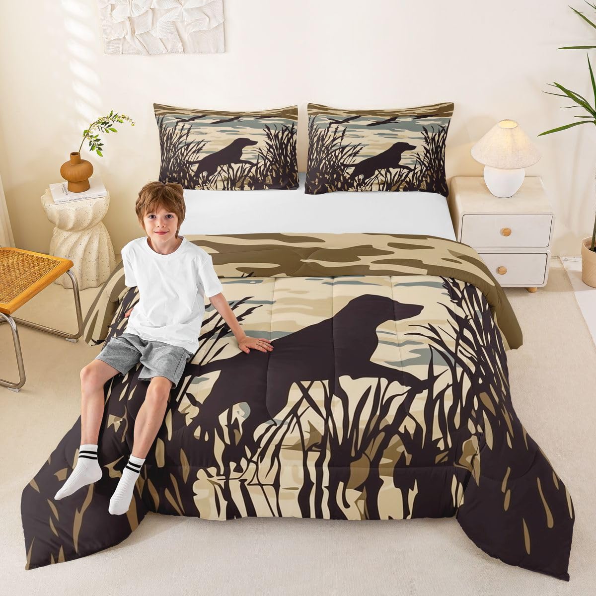 jejeloiu Dog Hunter Bedding Set Soft for Boys Girls, Dog Comforter Set Full Size Farmhouse Theme Duvet Quilt Microfiber Bedroom Decor 3 Pcs with 2 Pillow Cases