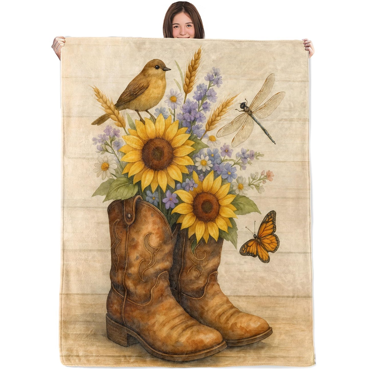 WKEDIN Rustic Sunflower Cowboy Boot Blanket,50x60in,Flannel Throw with Country Western Style Bird Dragonfly Butterfly Design,Soft Lightweight Gifts Blankets for Women,Sofa Bed Travel Farmhouse Decor
