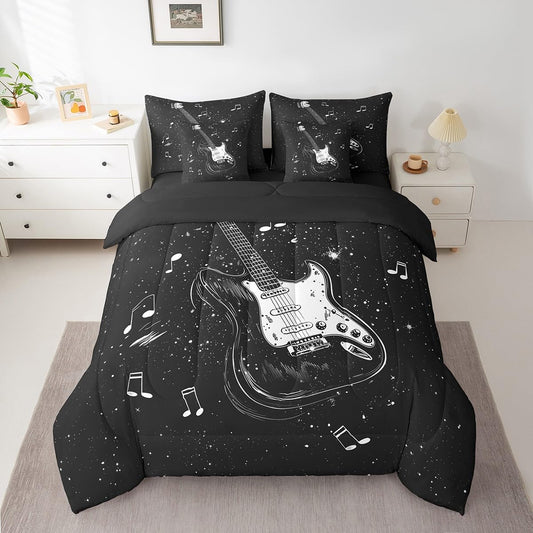 Feelyou Music 7 Pieces Bedding Set Queen Size Guitar Comforter Set with Sheets for Kids Boys Girls Guitar Instruments Bed in a Bag Rock Music Bed Set