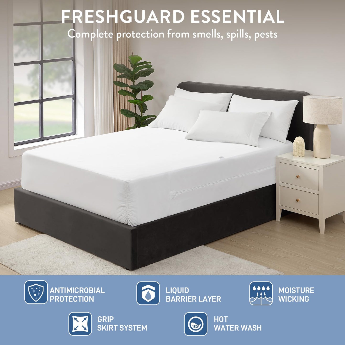 Surefit Freshguard Essential Queen Size Zipped Mattress Encasement, 100% Waterproof Top, Breathable & Quiet, Odor-Resistant Mattress Encasement, Fits 6"-11" Mattresses, Washable